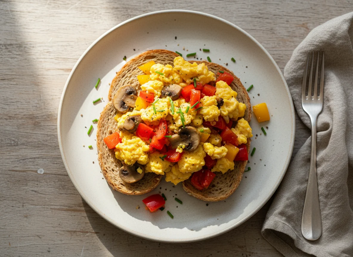 Scrambled Eggs with Vegetables on Toast photo