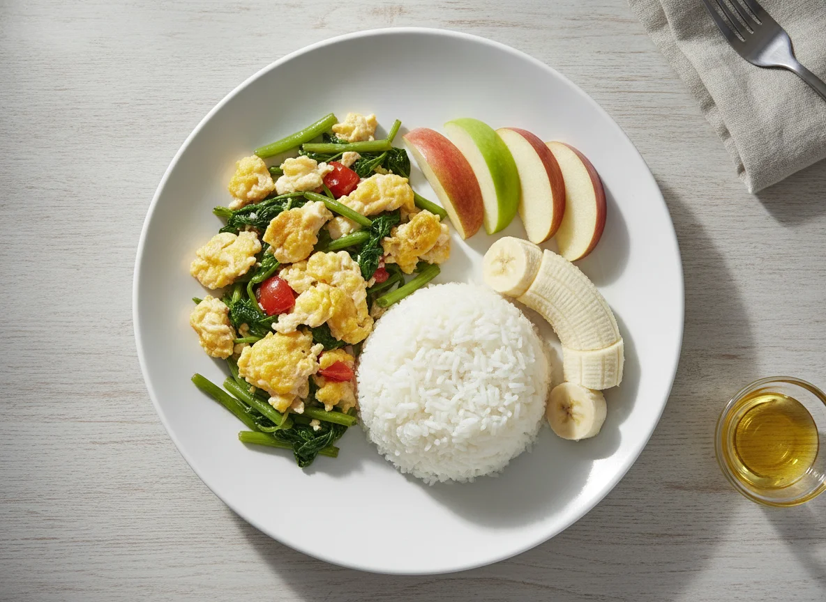 Scrambled Eggs with Vegetables, Rice, and Fruit photo