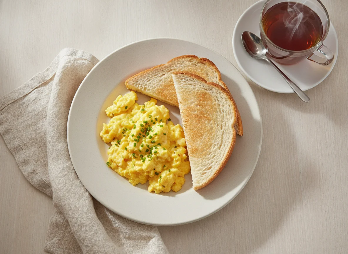 Scrambled eggs with white bread and tea photo