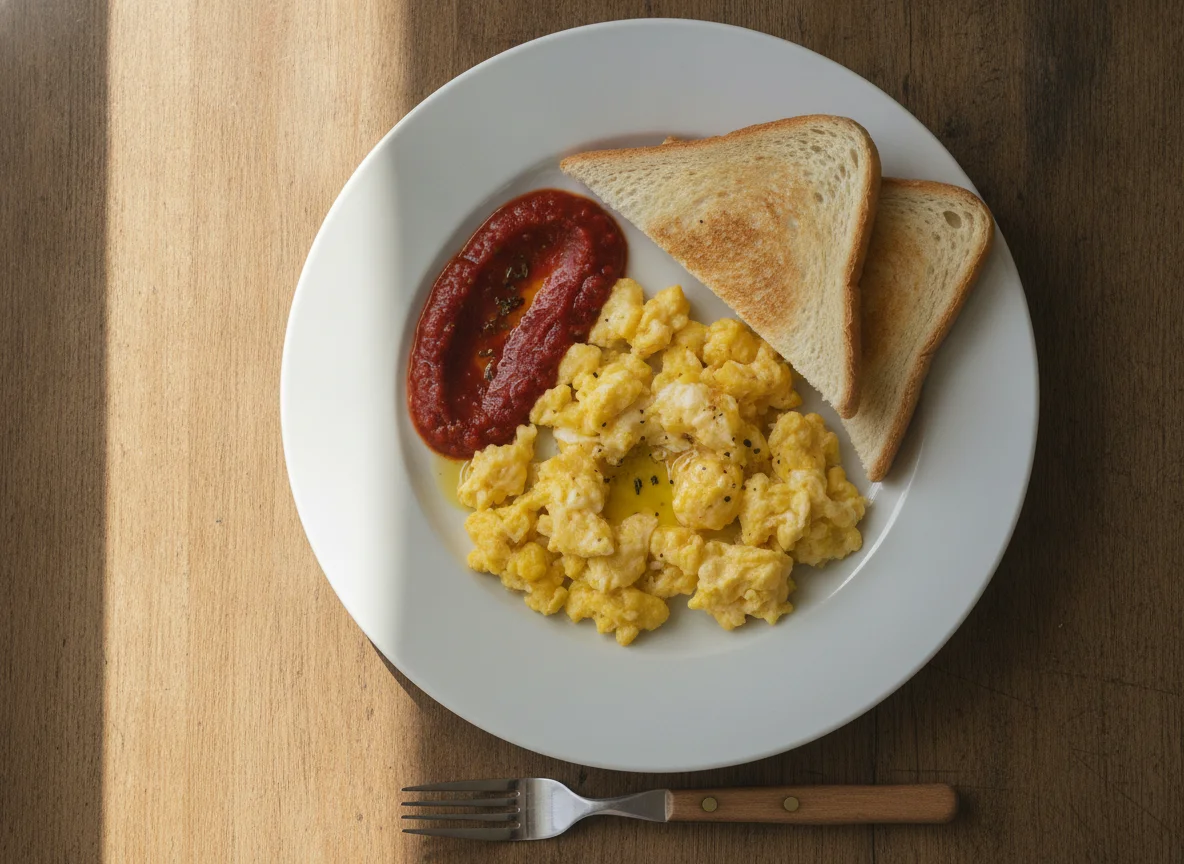 Scrambled eggs with white bread and tomato sauce photo