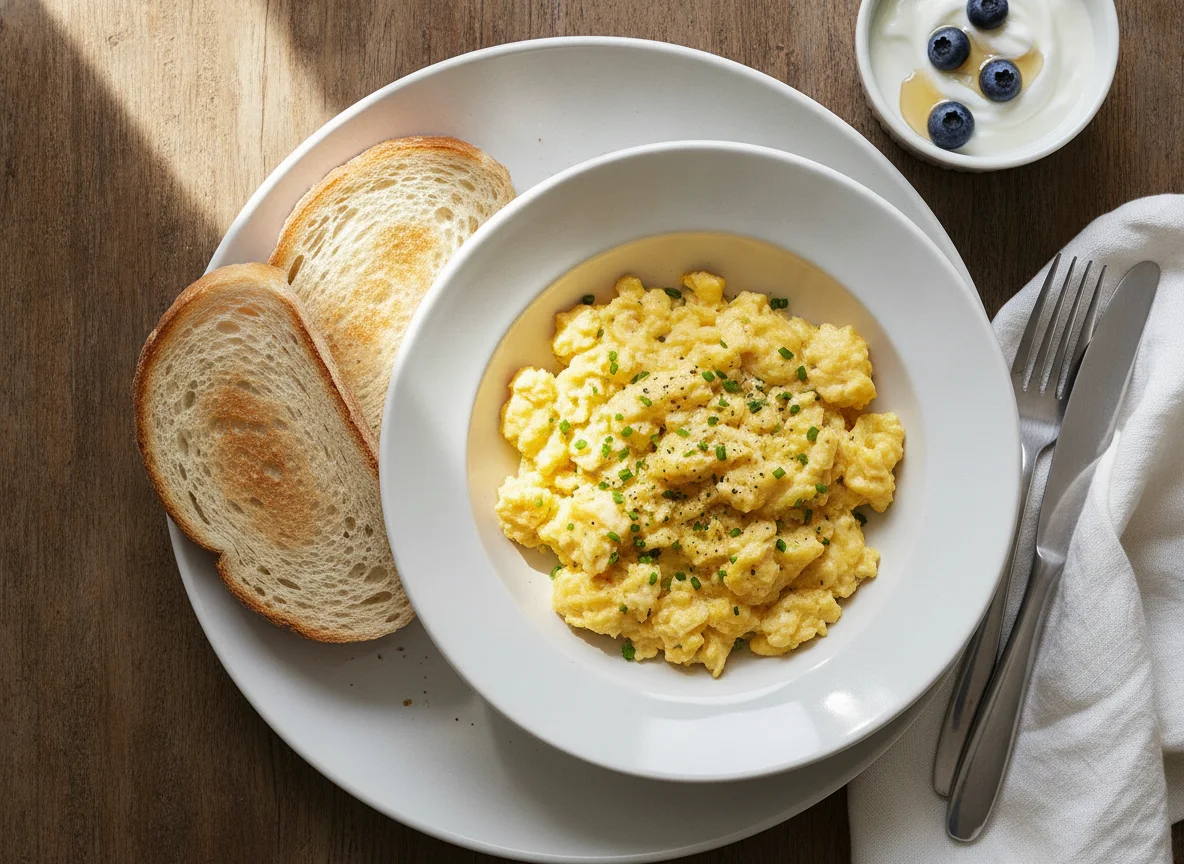Scrambled eggs with white bread and yogurt photo
