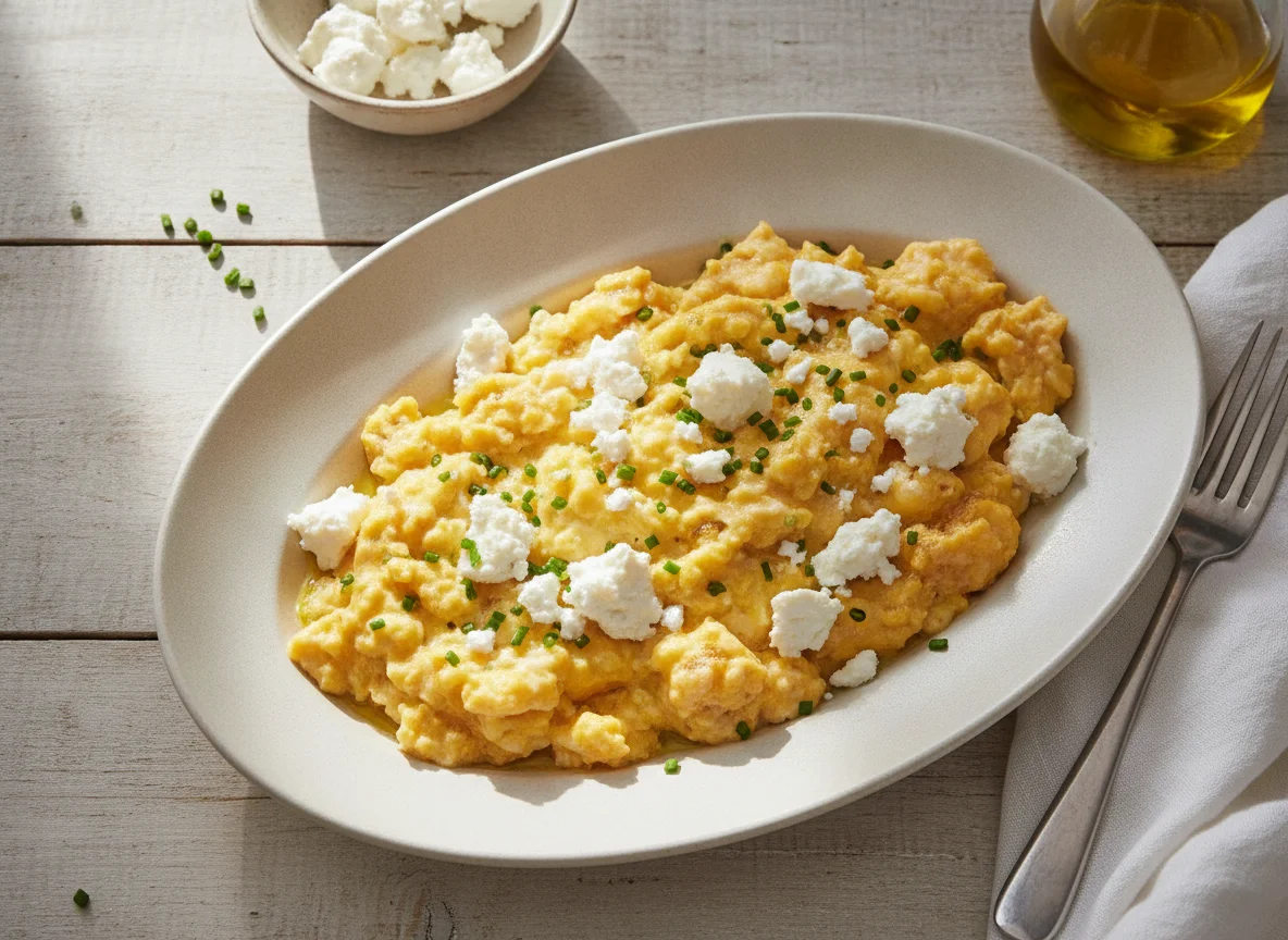 Scrambled eggs with white cheese photo
