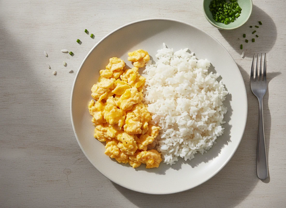 Scrambled eggs with white rice photo