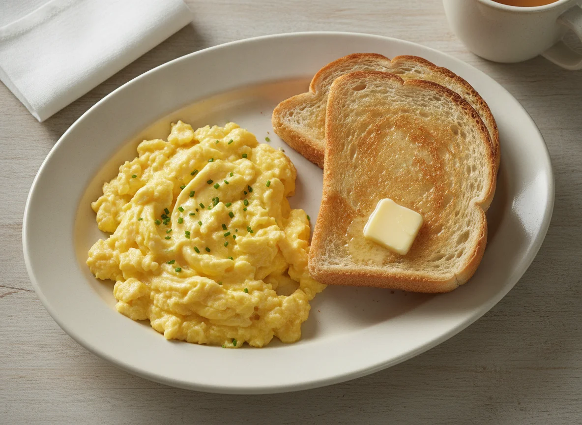 Scrambled eggs with white toast photo