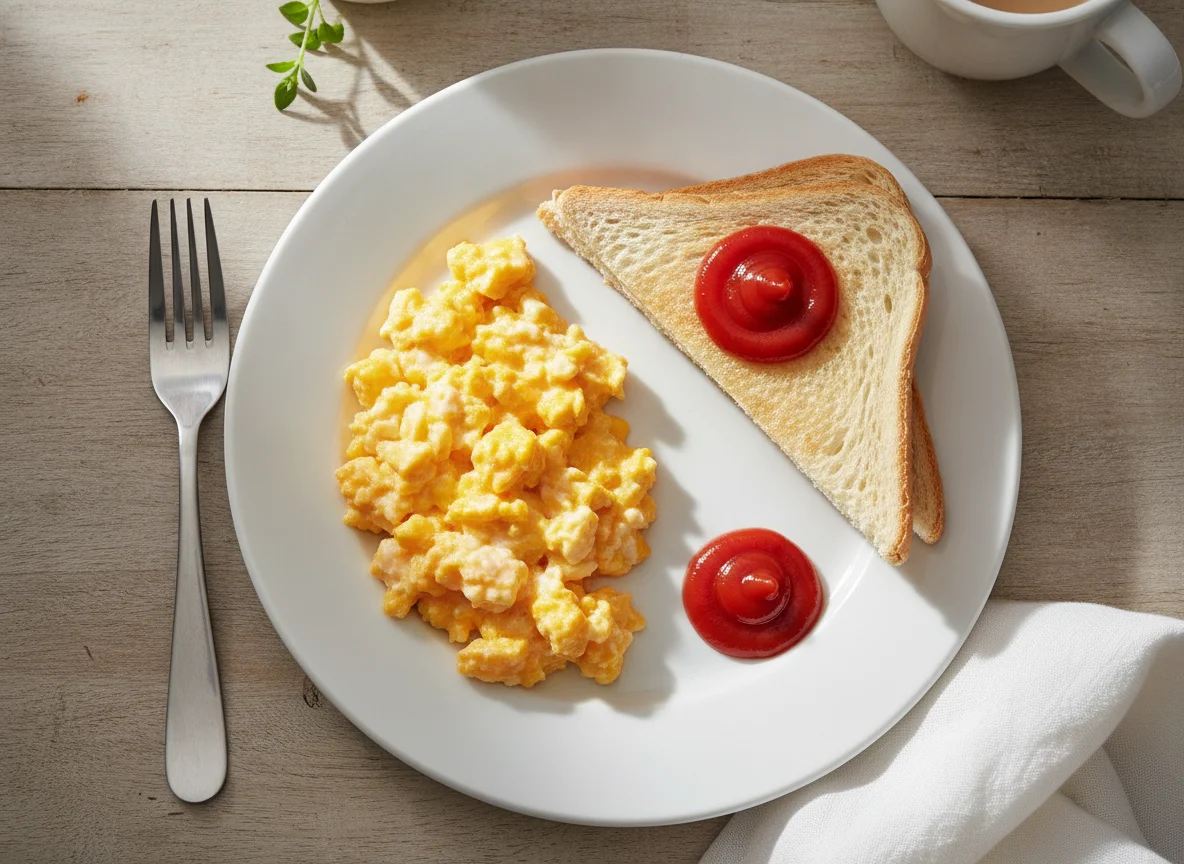 Scrambled eggs with white toast and ketchup photo