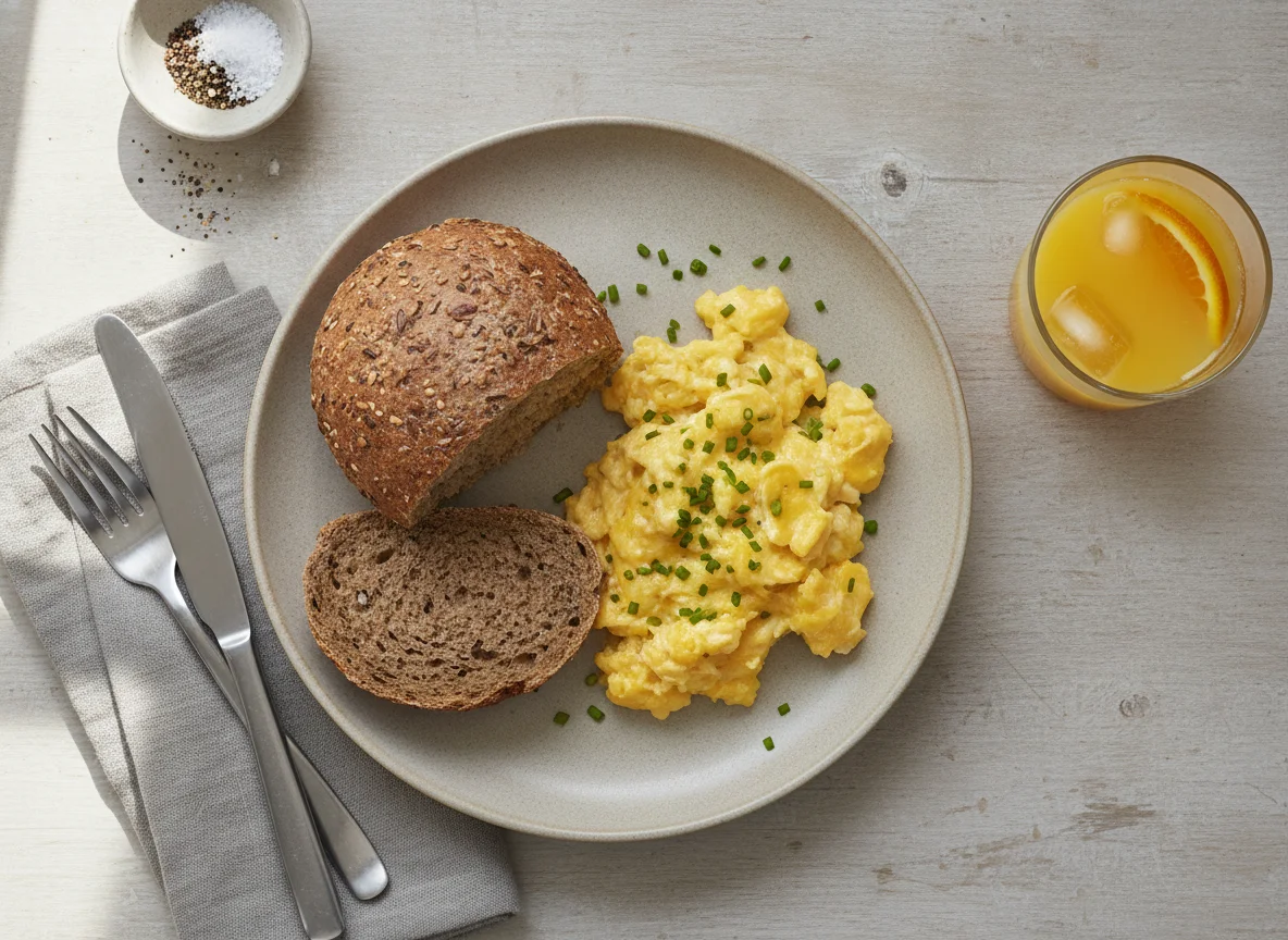 Scrambled eggs with whole grain roll and orange juice photo