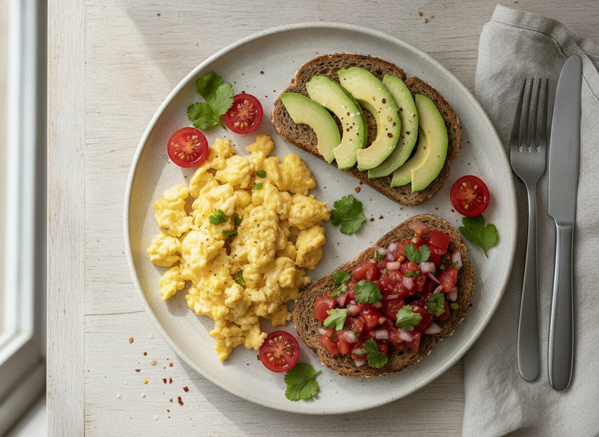 Scrambled eggs with whole grain toast and avocado photo