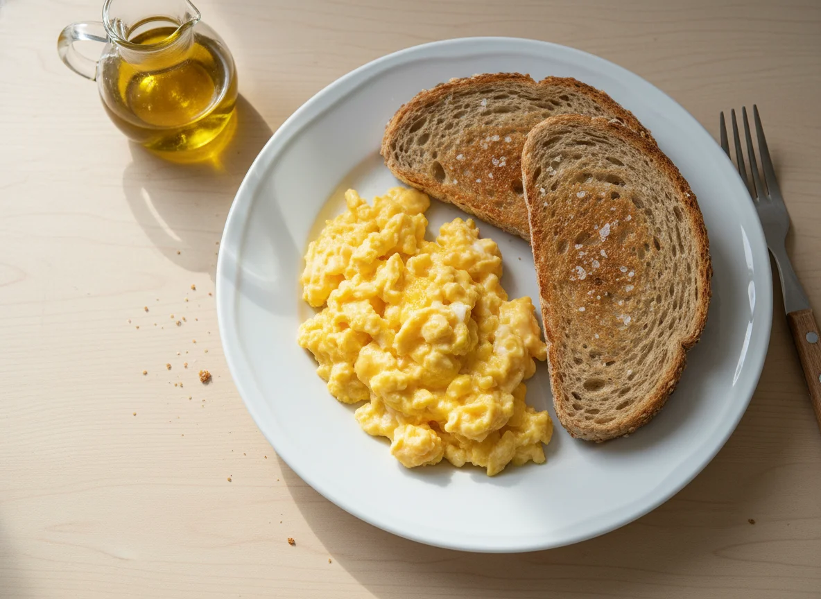 Scrambled eggs with whole wheat toast photo
