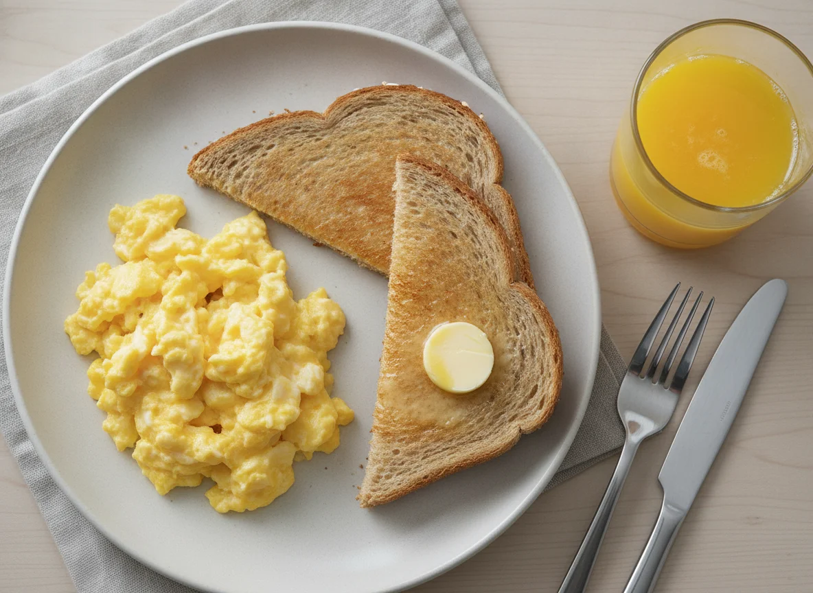 Scrambled eggs with whole wheat toast and orange juice photo