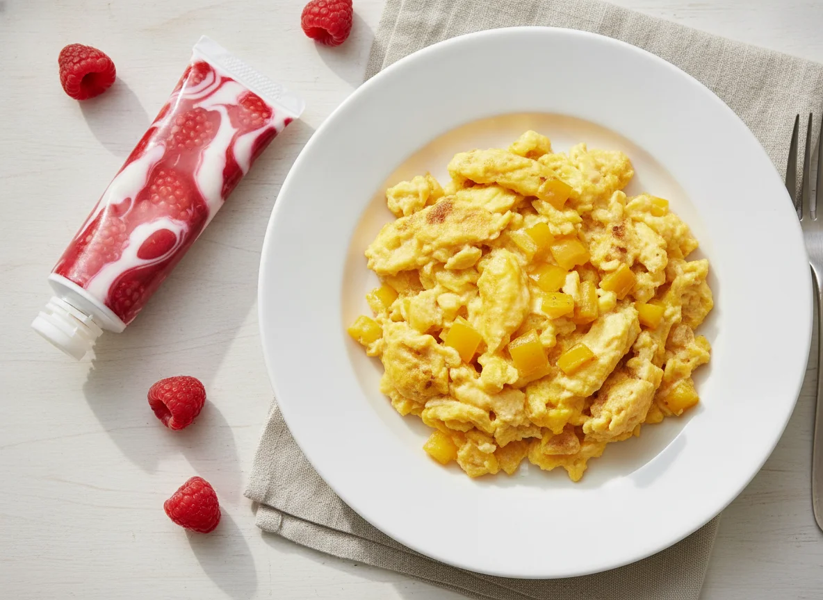 Scrambled eggs with yellow bell peppers and yogurt tube photo