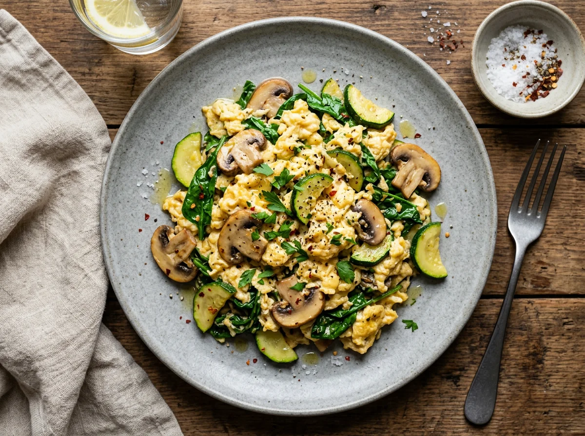 Scrambled Eggs with Zucchini, Mushrooms, and Greens photo