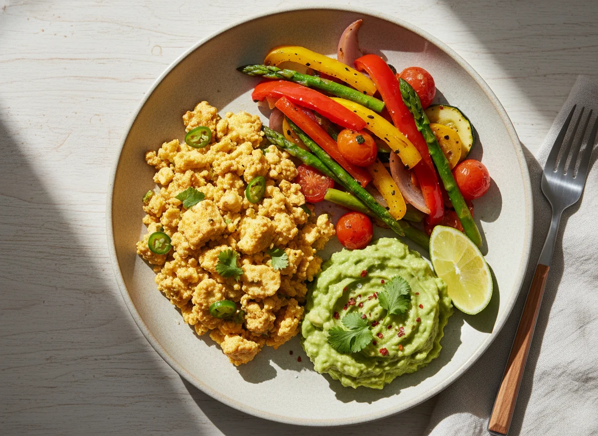 Scrambled Paneer with Sautéed Vegetables and Guacamole photo