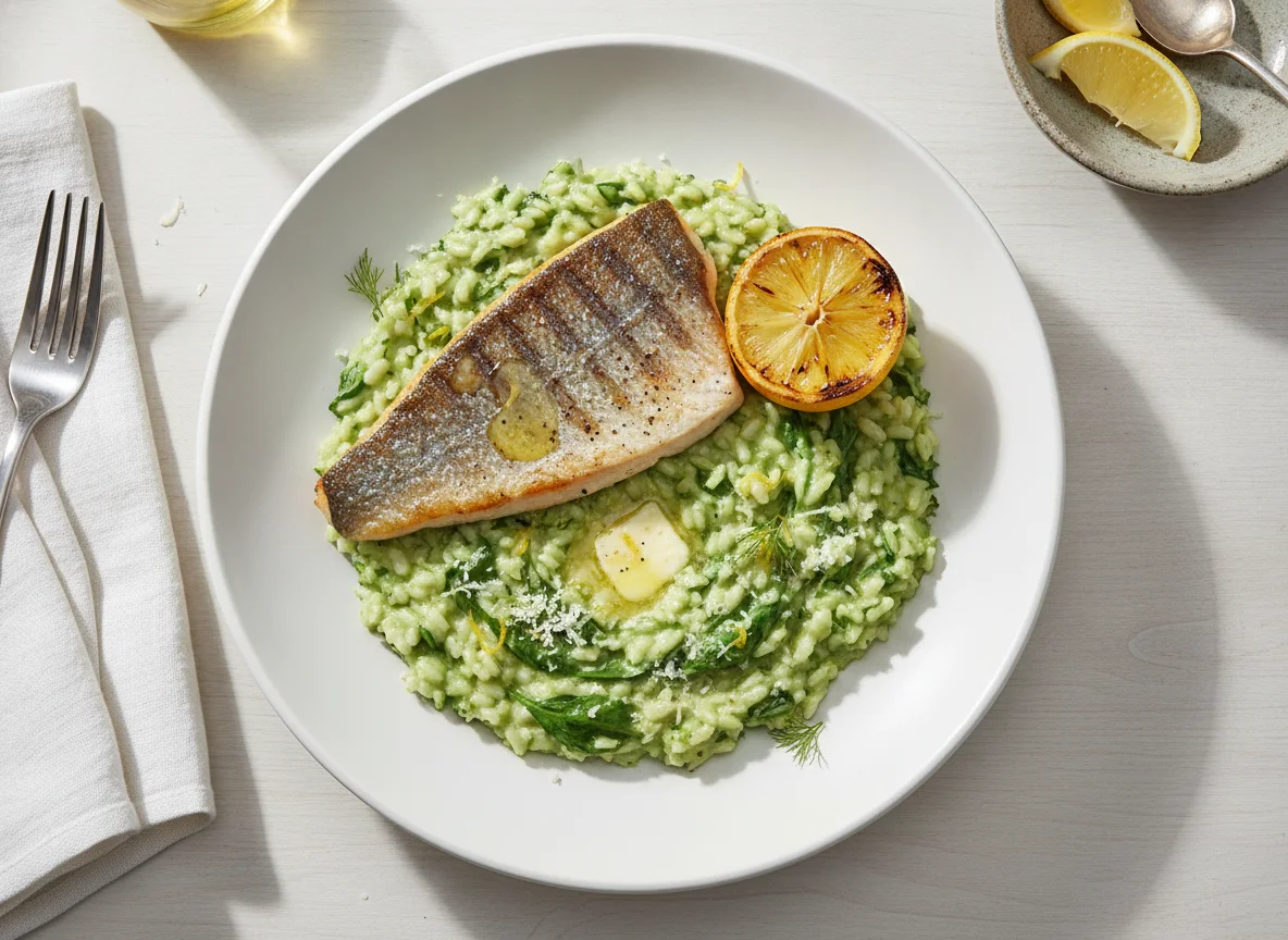 Sea bass with lemon spinach risotto photo