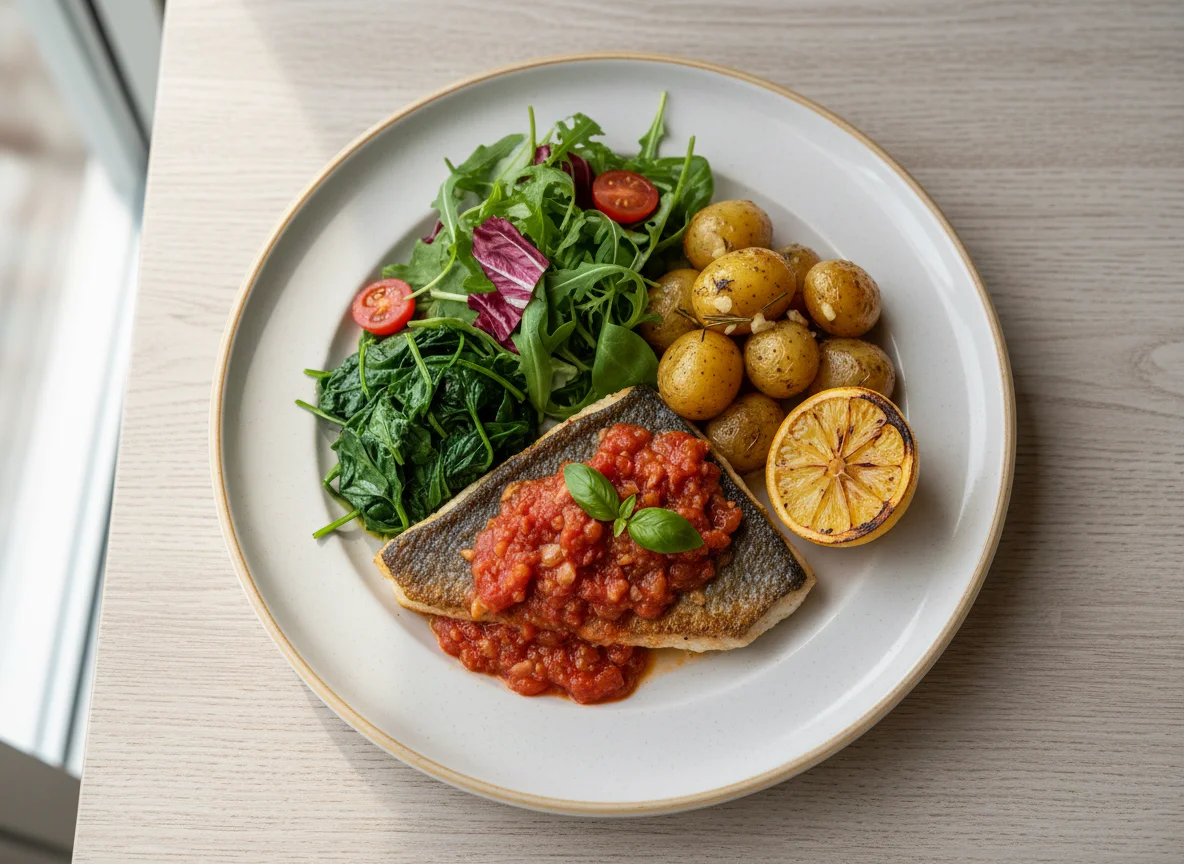 Sea Bass with Roasted Potatoes and Spinach photo