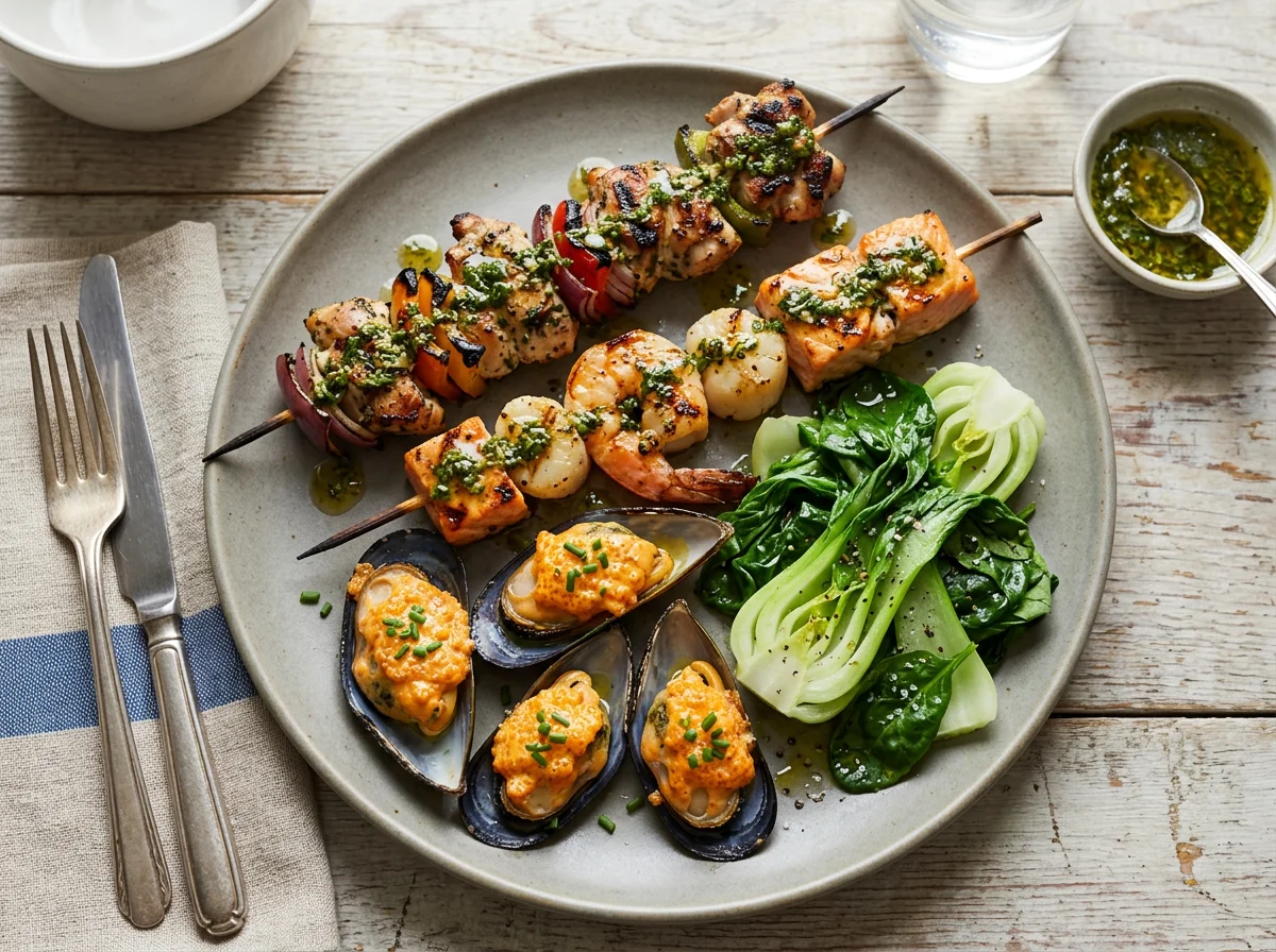 Seafood and Chicken Skewers with Steamed Greens photo