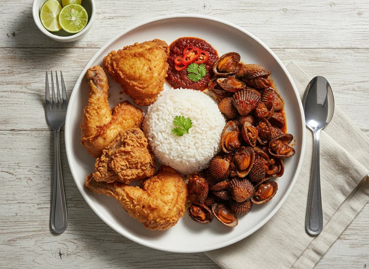 Seafood and Fried Chicken with Rice photo