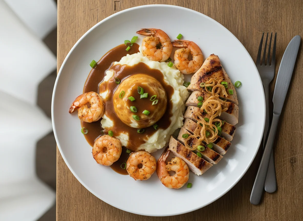 Seafood and Meat with Mashed Potatoes and Gravy photo