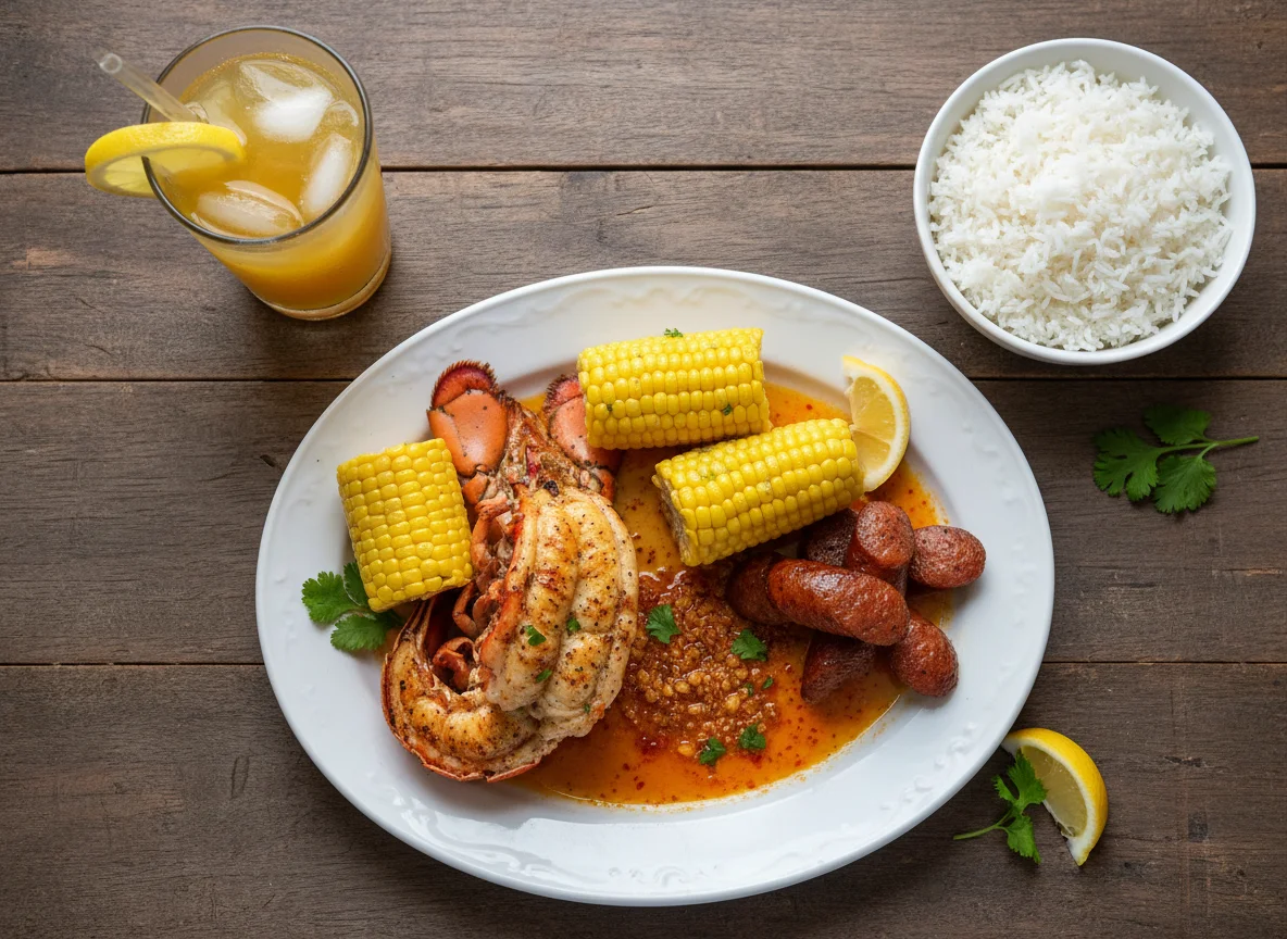 Seafood Boil with Rice and Mango Drink photo