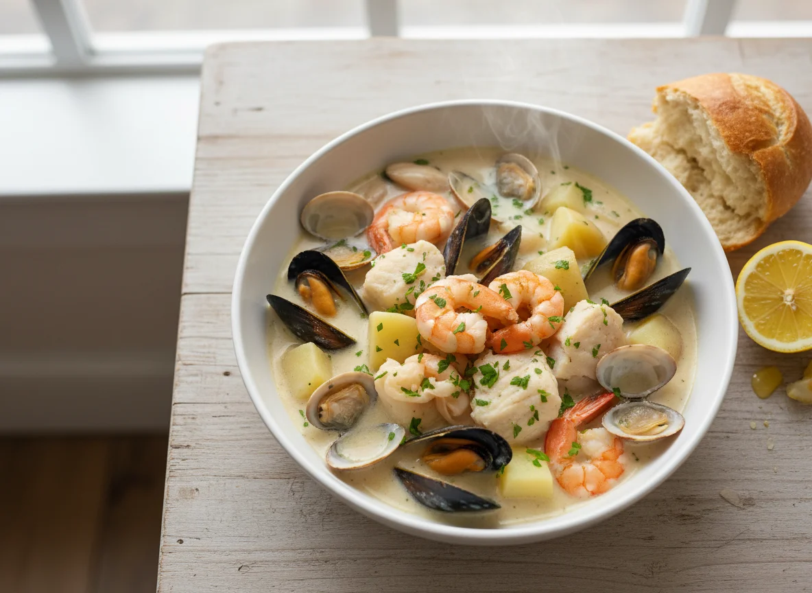 Seafood Chowder with Bread and Lemon photo