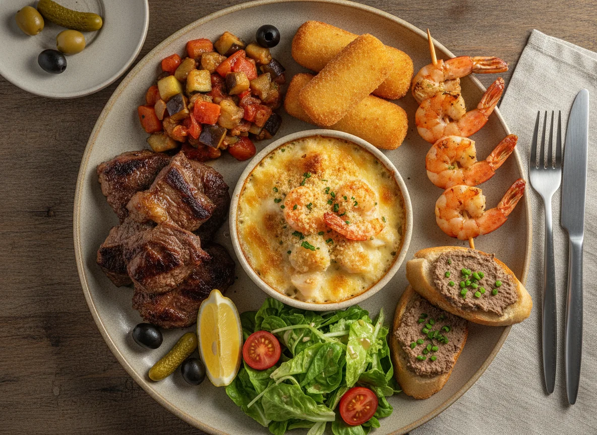 Seafood gratin with grilled meat, vegetables, and shrimp appetizer photo