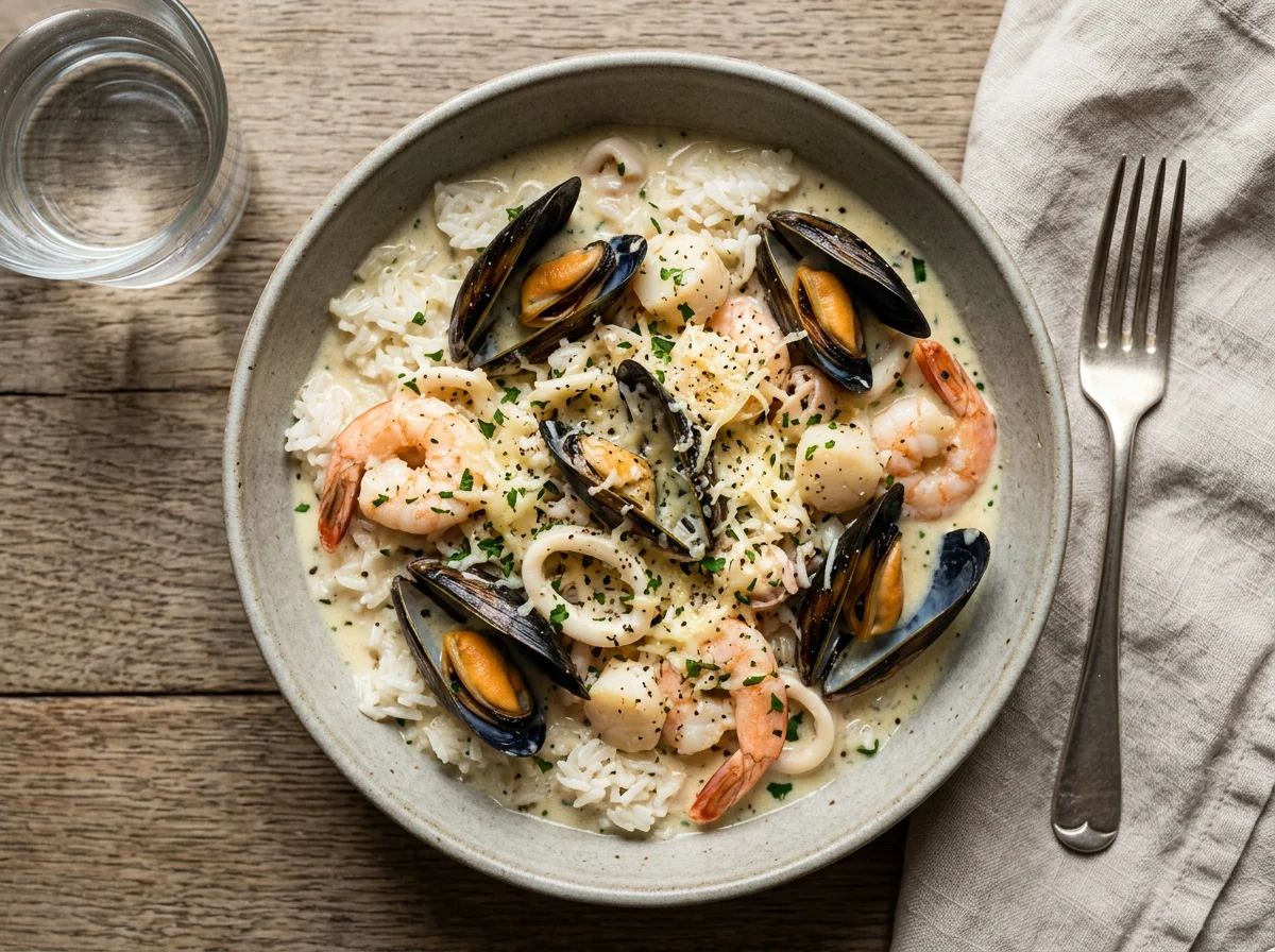 Seafood in Cream Sauce with Rice and Cheese photo