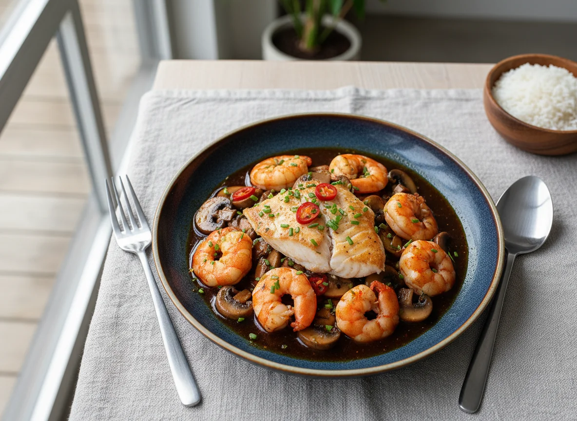 Seafood in dark savory sauce photo