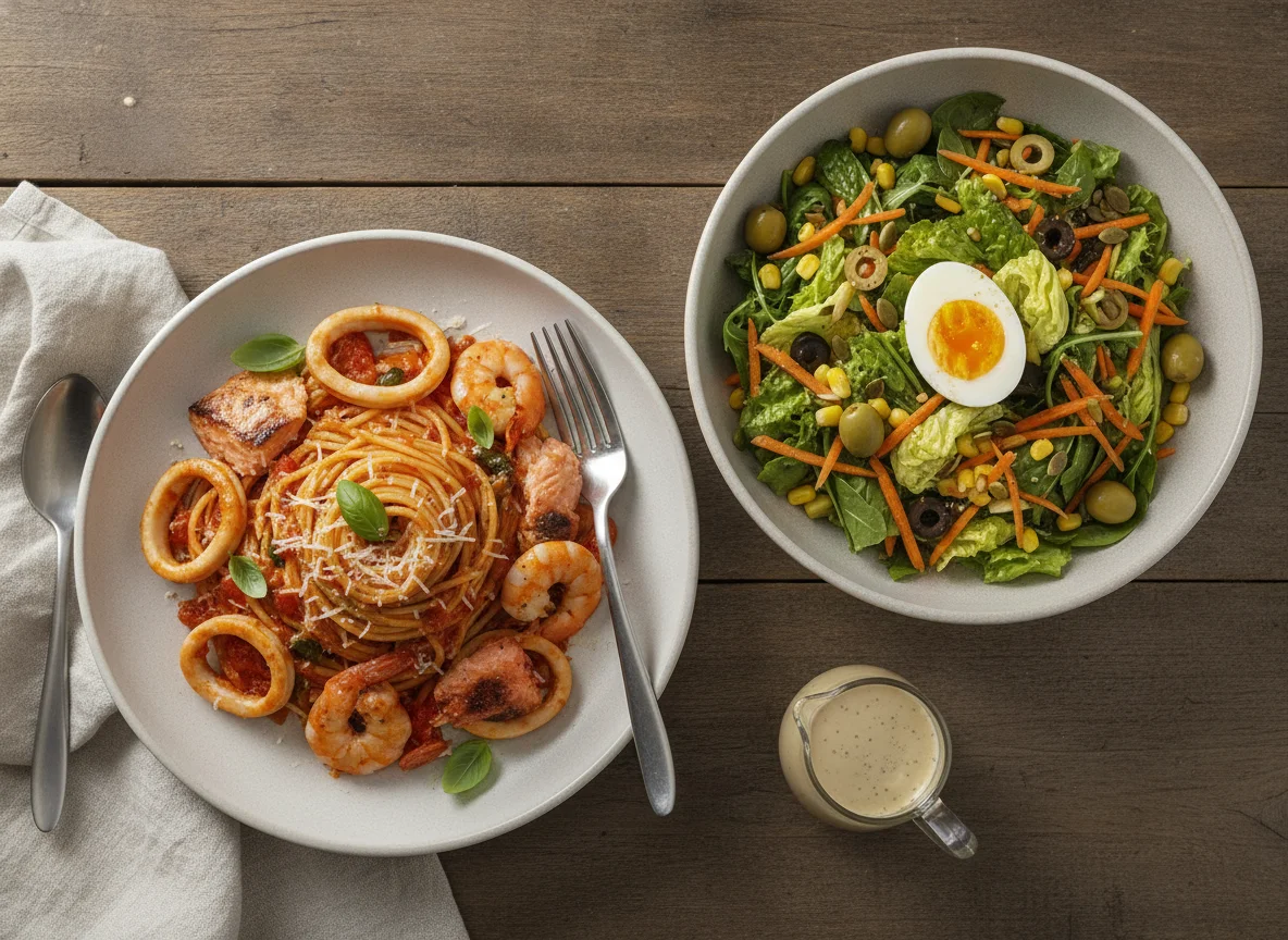 Seafood pasta and garden salad with egg photo