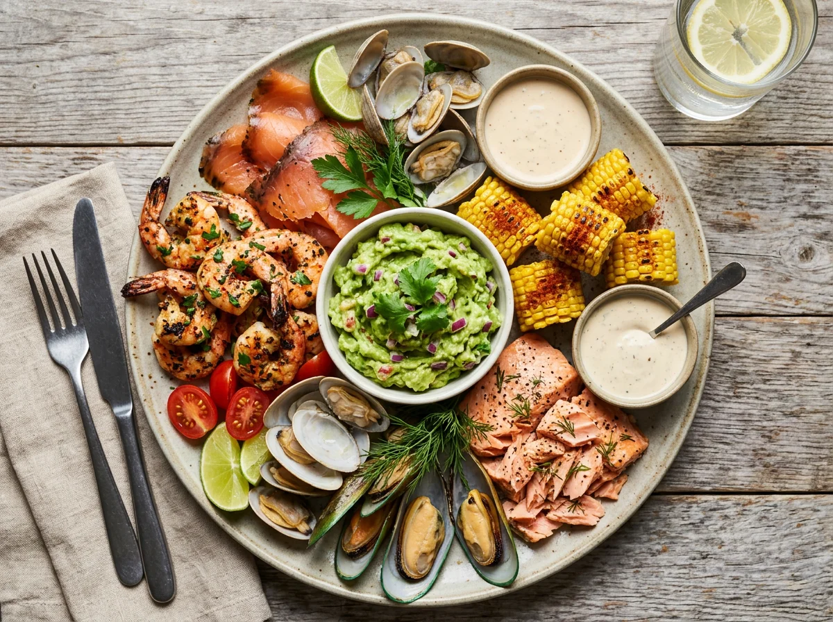 Seafood Platter with Guacamole and Corn photo