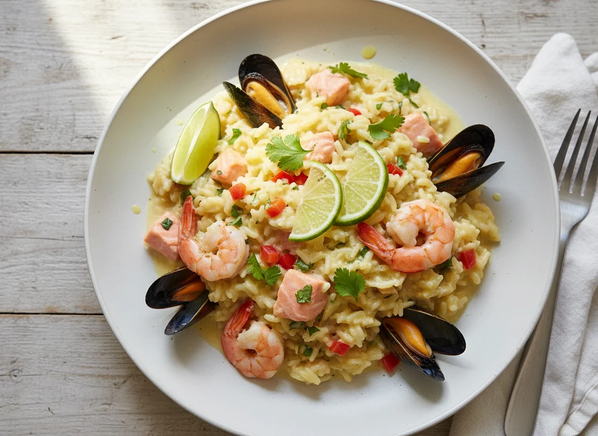 Seafood Risotto with Cream Sauce and Lime photo