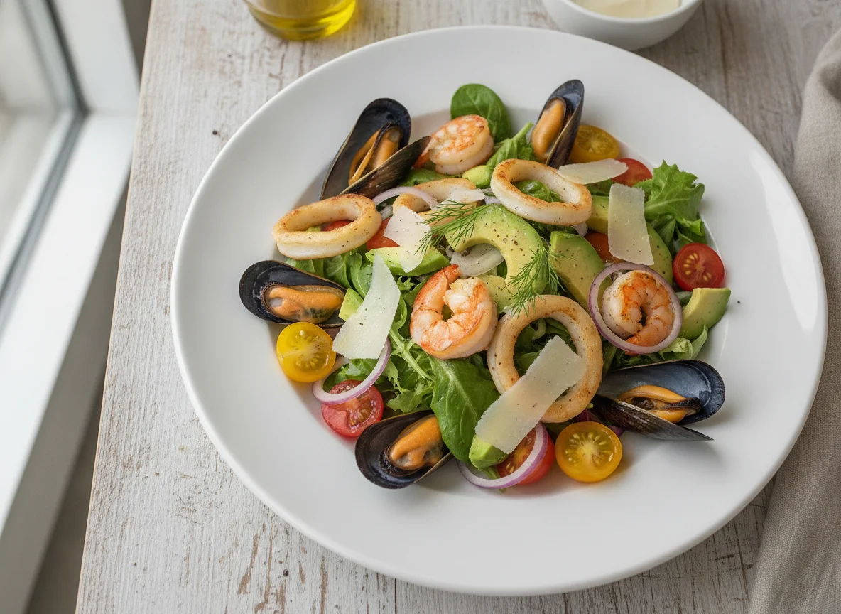 Seafood salad with avocado and parmesan photo