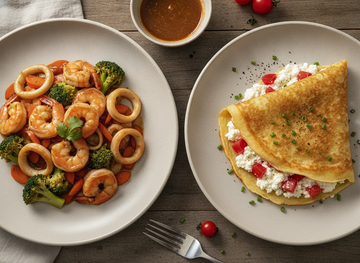Seafood Stir-fry and Savory Pancake with Cottage Cheese and Tomatoes photo