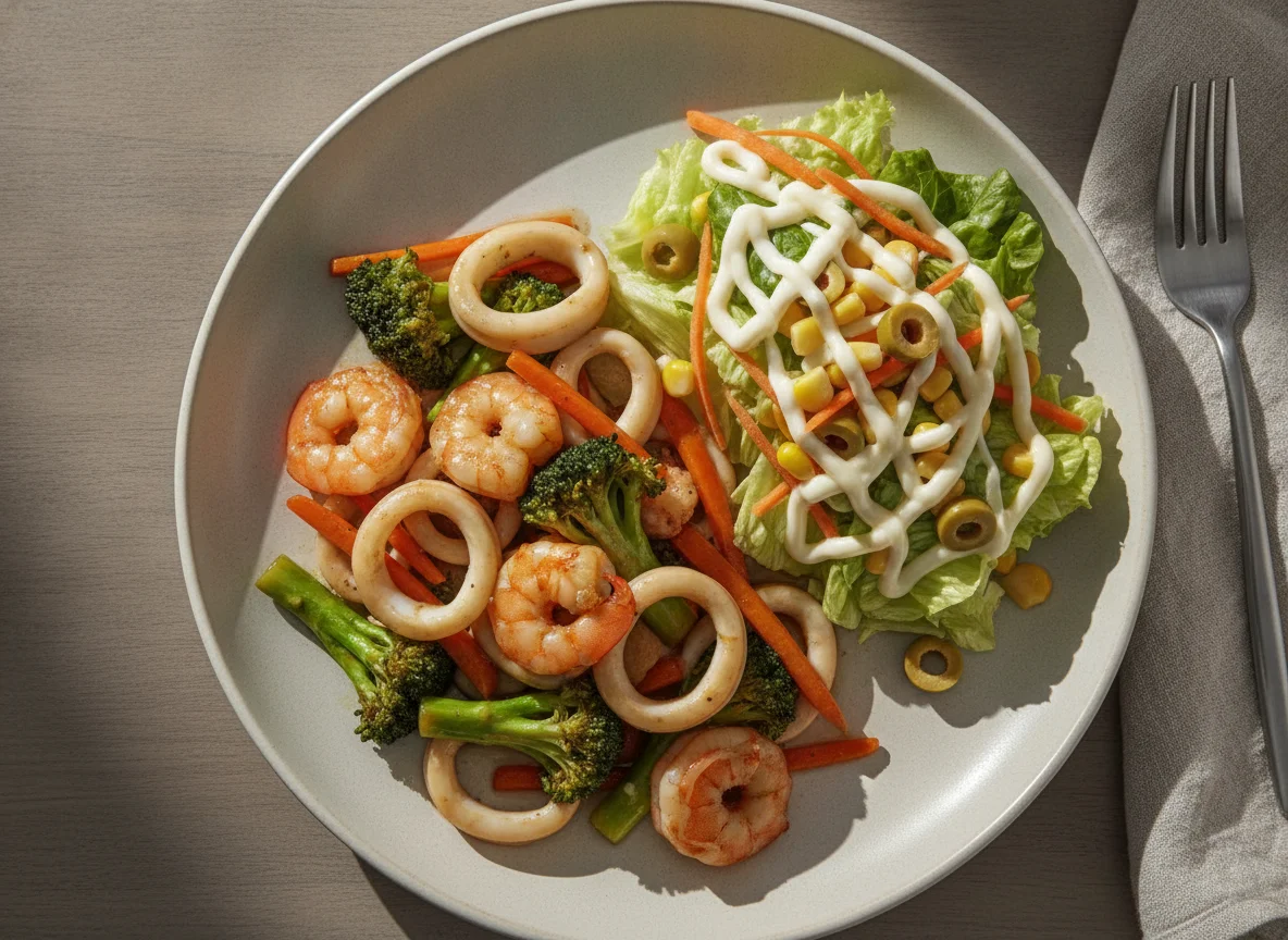Seafood stir-fry with side salad photo