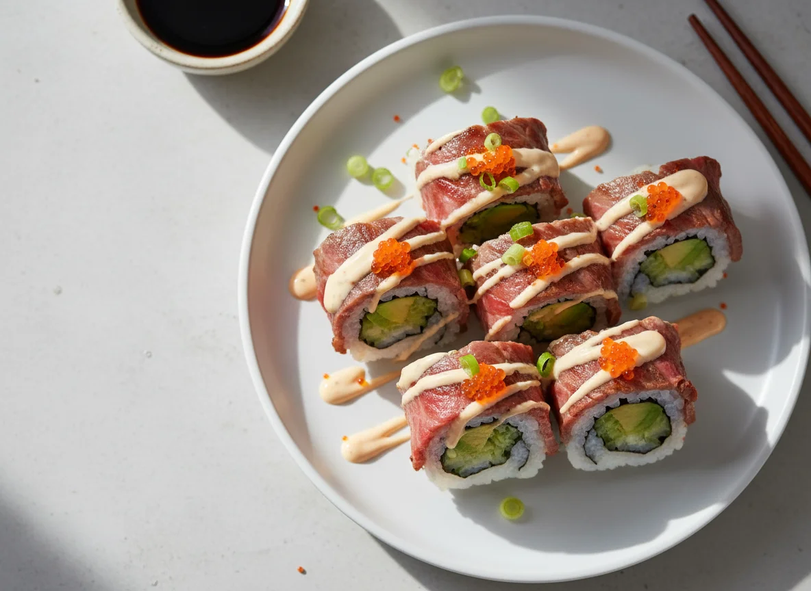 Seared Beef Sushi Rolls with Creamy Sauce photo