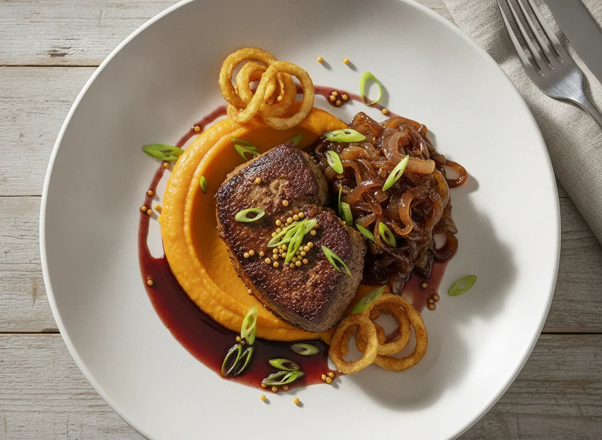 Seared Liver with Sweet Potato Puree and Caramelized Onions photo