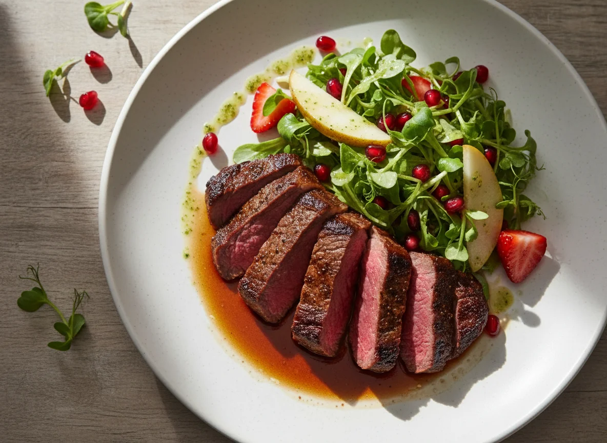 Seared Steak with Fruit and Microgreen Salad photo