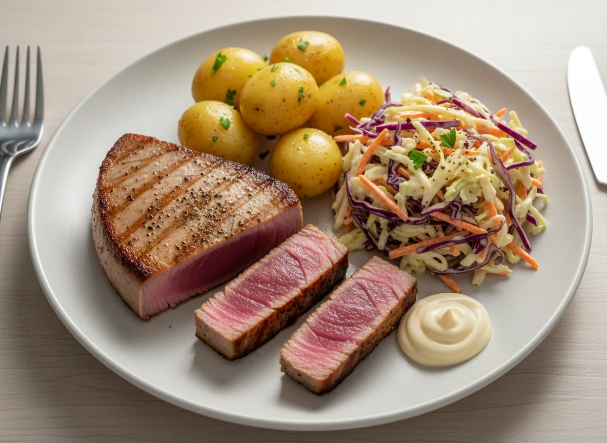 Seared Tuna Steak with Potatoes and Coleslaw photo