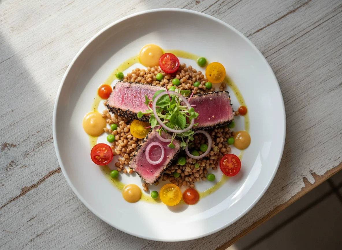Seared Tuna with Buckwheat and Cherry Tomatoes photo