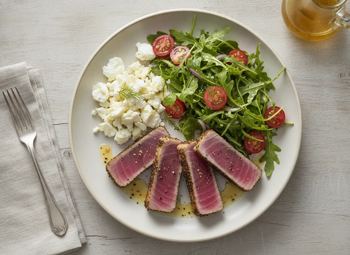 Seared Tuna with Egg Whites and Arugula Salad photo