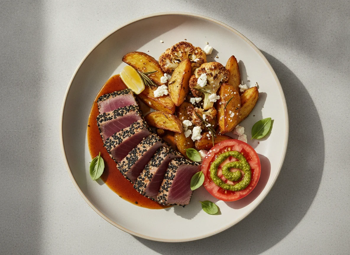Seared Tuna with Roasted Vegetables and Gravy photo