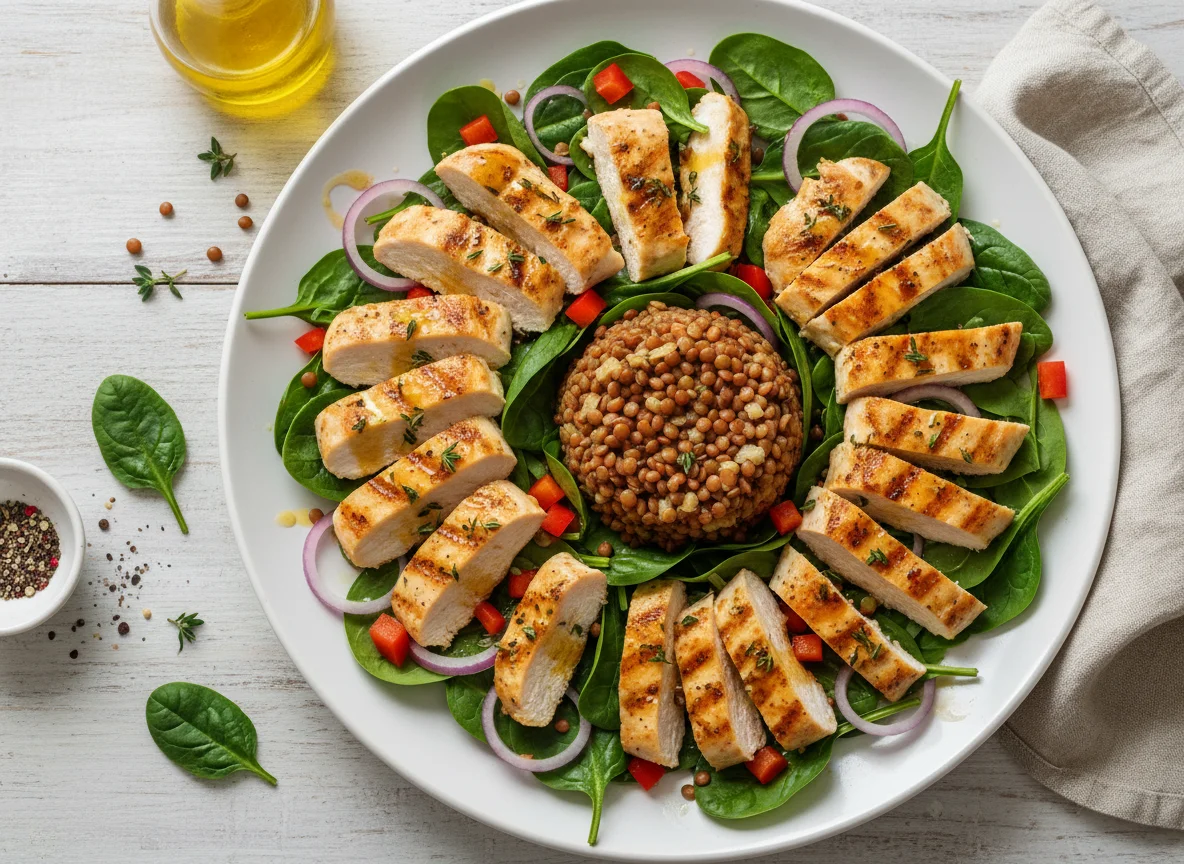 Seasoned Chicken and Spinach Salad with Lentils photo