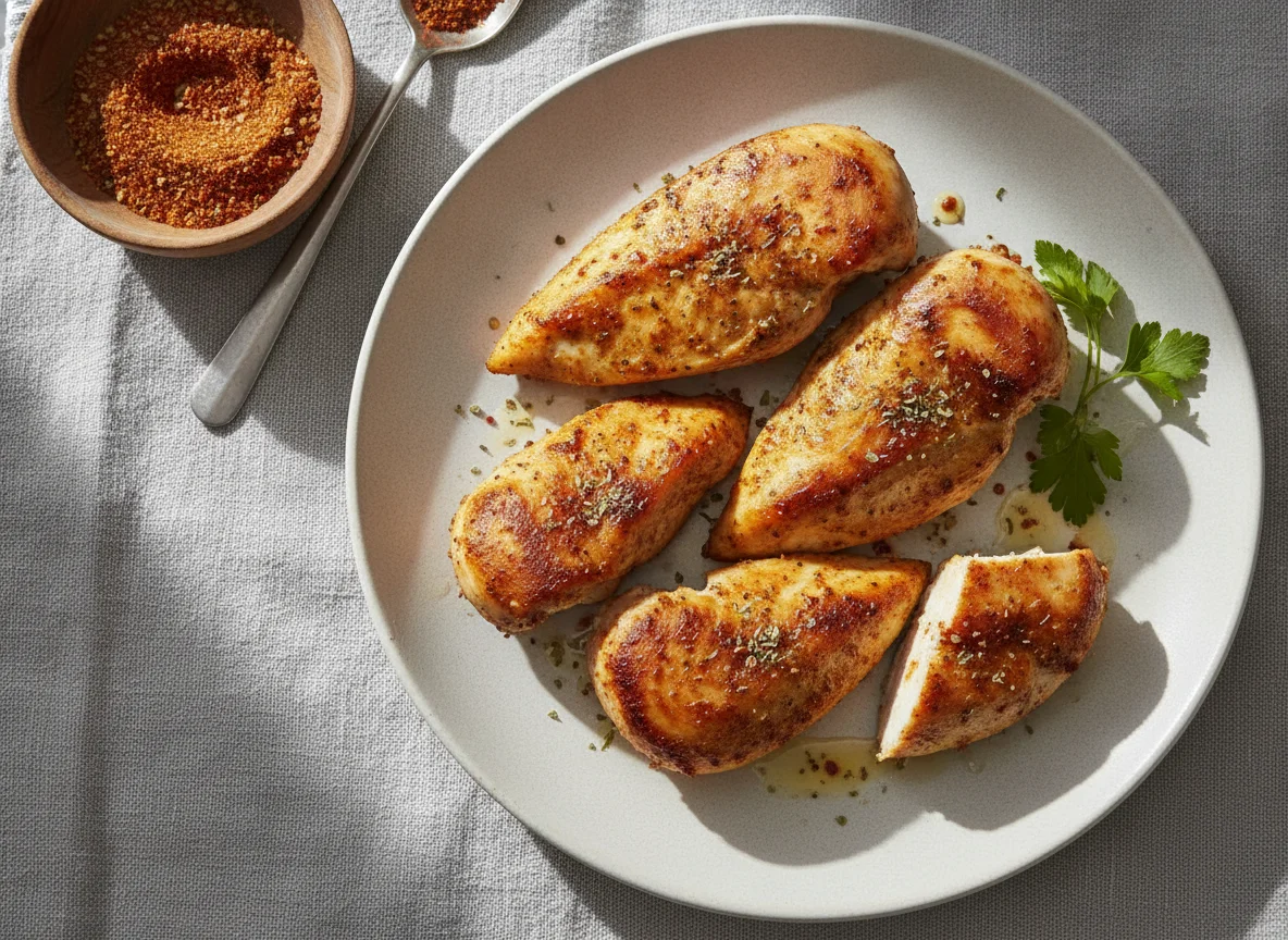 Seasoned chicken breast pieces photo
