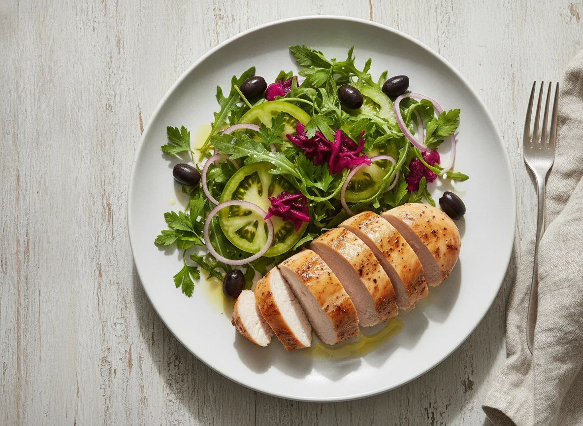 Seasoned chicken breast with fresh salad and olives photo