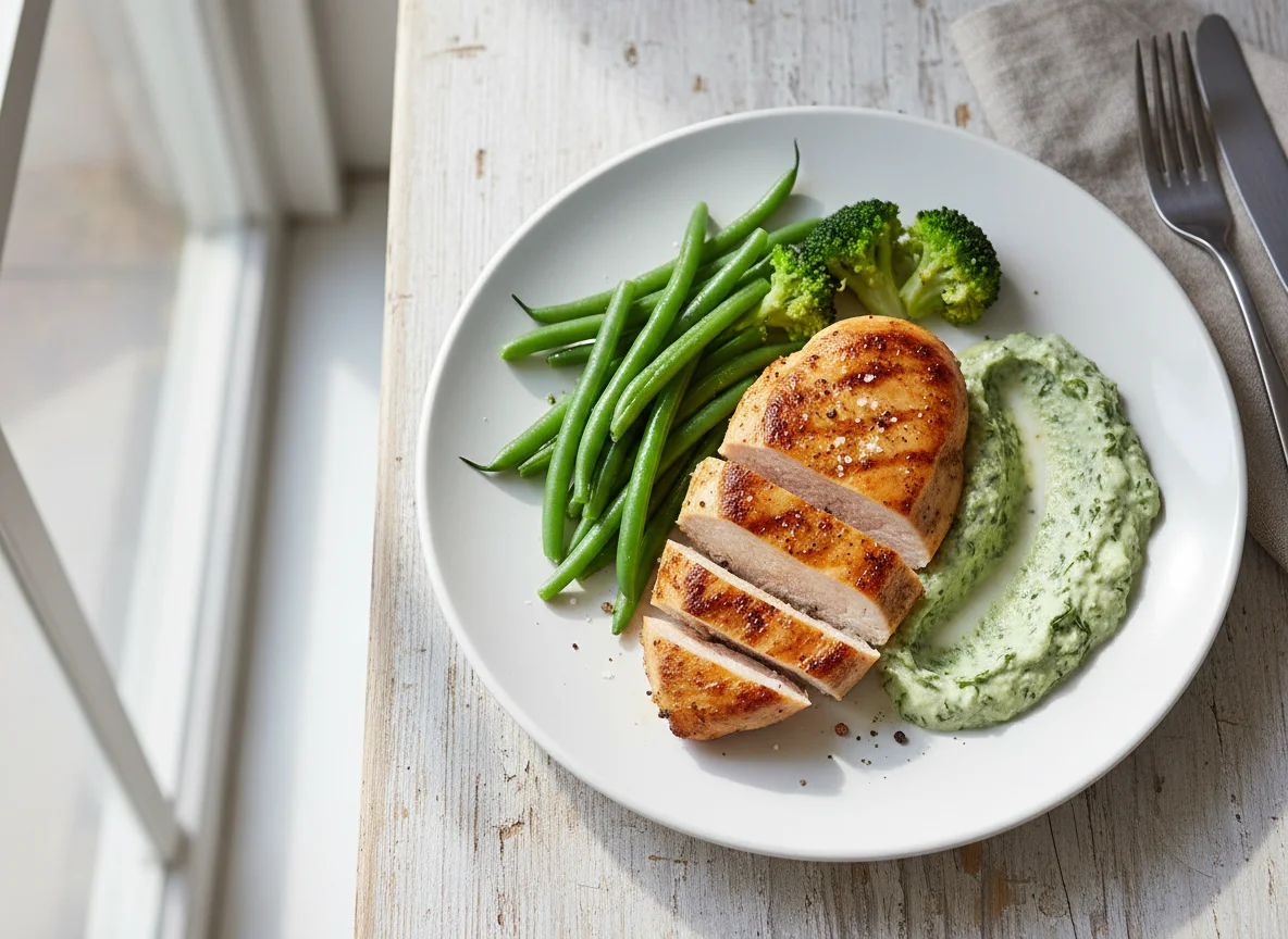 Seasoned Chicken Breast with Green Beans, Broccoli, and Creamed Spinach photo