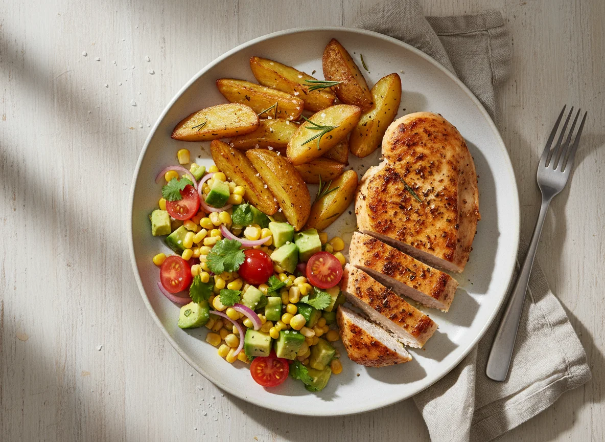 Seasoned Chicken Breast with Potato Wedges and Corn Avocado Salsa photo