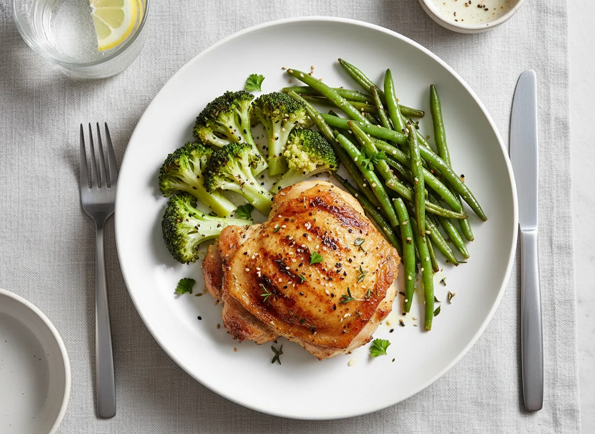 Seasoned Chicken Thigh with Broccoli and Green Beans photo