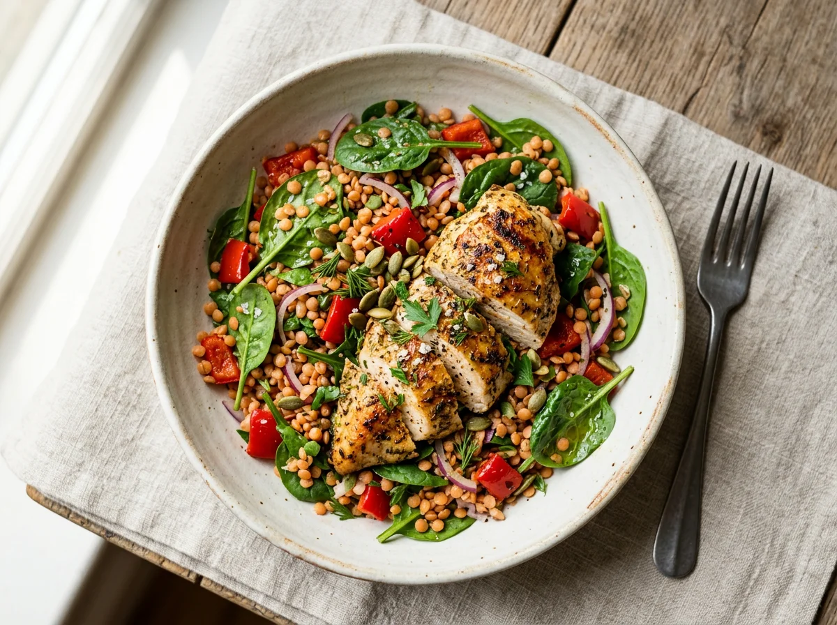 Seasoned Chicken with Spinach and Lentil Salad photo