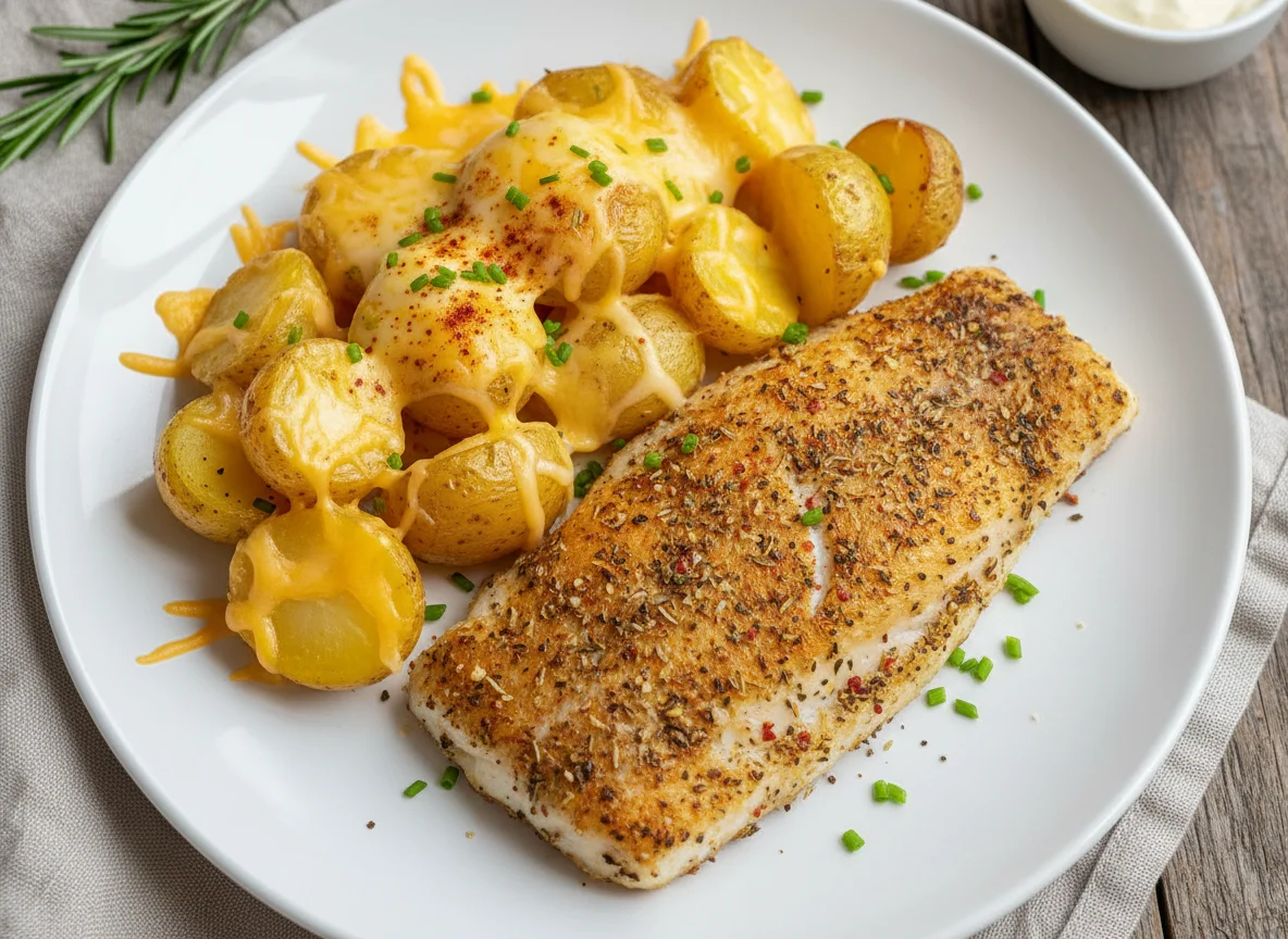 Seasoned fish and cheesy potatoes photo