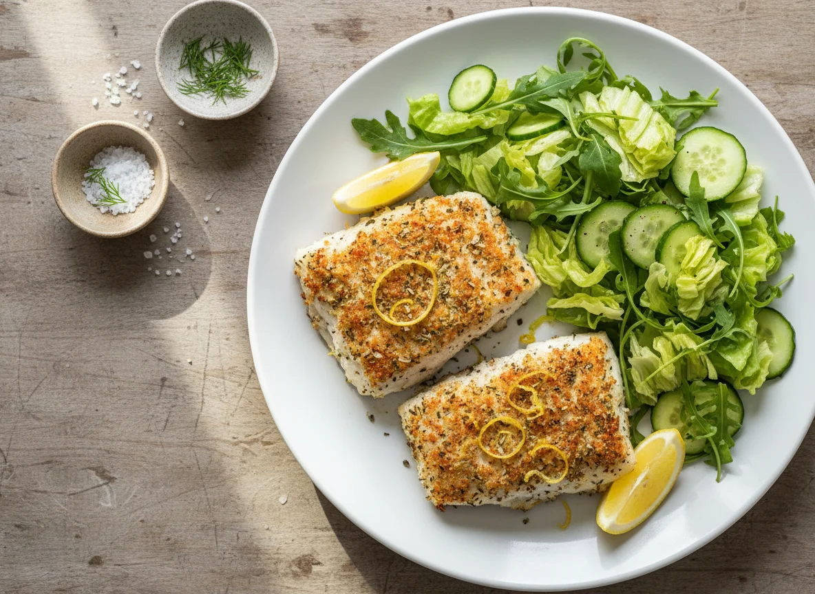 Seasoned Fish Fillets with Green Salad photo