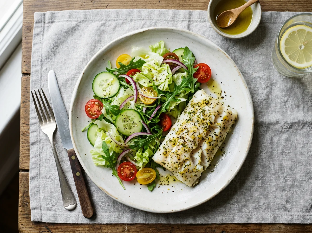 Seasoned Fish with Mixed Green Salad photo