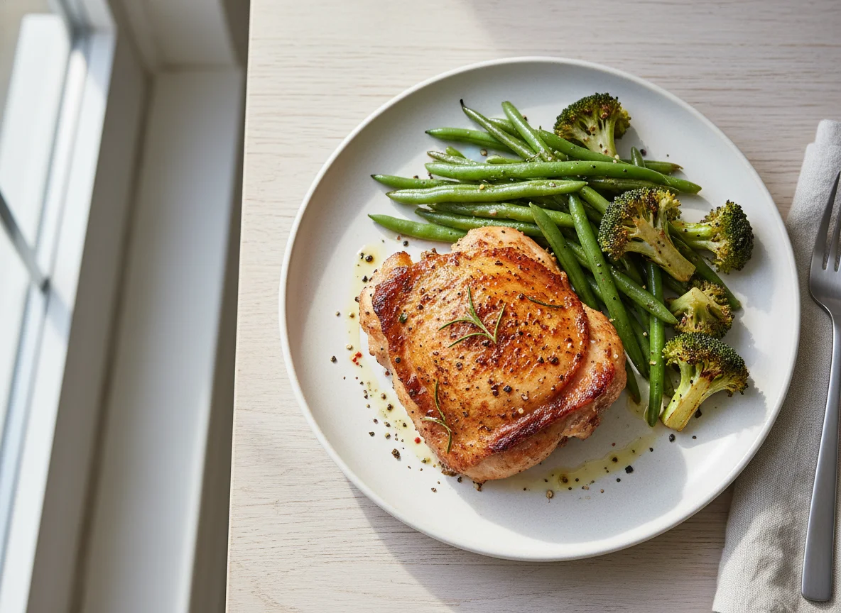 Seasoned Meat with Green Beans and Broccoli photo